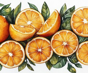vibrant watercolor illustration of ripe orange slices arranged among lush green leaves
