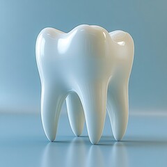 Close-up of two smooth, shiny, white molar teeth standing upright on a reflective surface against a soft blue background, conveying cleanliness and dental health