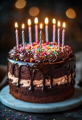 Rich chocolate layered birthday cake with chocolate frosting, colorful candy sprinkles, and lit striped candles creating a warm festive atmosphere