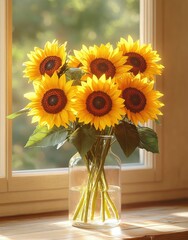 Bright yellow sunflowers arranged in a clear glass vase sitting on a wooden surface by a sunlit window radiating warmth and cheerfulness