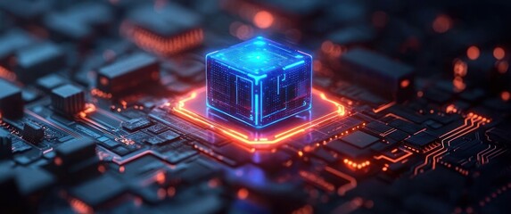 Glowing blue digital cube on a futuristic electronic circuit board emitting orange and blue neon lights, symbolizing advanced technology and data processing