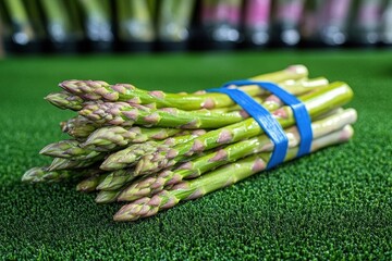 Fresh green asparagus bundle tied with blue rubber bands placed on textured green surface with blurred background