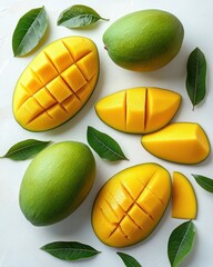Fresh green mangoes and vibrant orange mango slices arranged with green leaves on a white surface, showcasing ripe tropical fruit and natural freshness