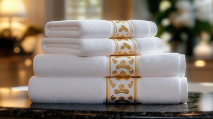 Stack of neatly folded white towels with elegant gold embroidered bands placed on a smooth dark surface in a softly lit room