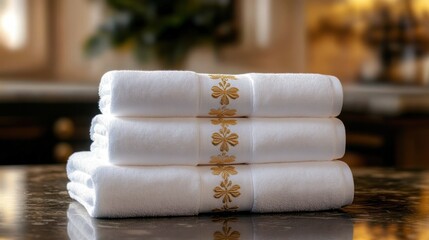 Stack of three white towels with golden decorative embroidery neatly folded on a reflective surface in a warmly lit interior