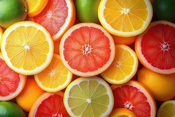 Close-up view of various citrus fruit halves including grapefruits, oranges, lemons, and limes showing vibrant colors and fresh texture
