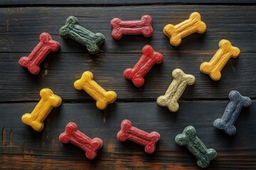 Assorted colorful dog bone shaped biscuits scattered on a dark wooden surface