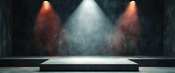 Empty dark concrete stage with three spotlights casting red and white light beams creating a dramatic atmosphere