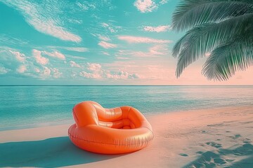 Orange inflatable lounge chair on a serene sandy beach under a palm tree with calm ocean and pastel sky at sunset