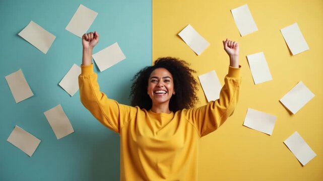 A visually striking representation of a mother celebrating her accomplishments with a backdrop of accolades, evoking a sense of motivation amidst a minimalist design with available copy space.