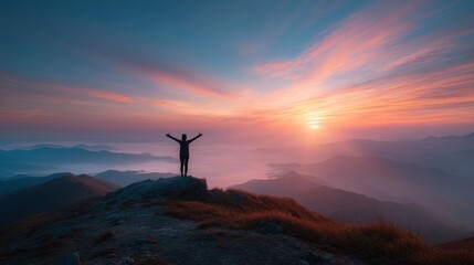 Obraz premium Person Standing on Mountain Peak During Vibrant Sunset Overlooking Majestic Landscape with Beautiful Colors and Dramatic Clouds in the Sky