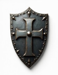Medieval shield with Templar cross emblem, dark metal, aged surface with scratches. Isolated on white background with clipping path for easy use.