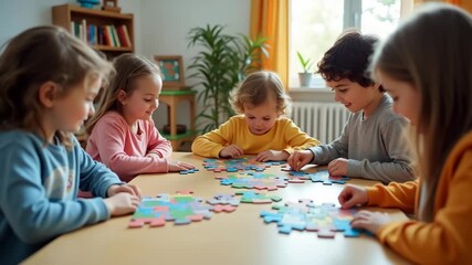 A dynamic layout of children engaged in puzzle games, fostering critical thinking and teamwork, composition showcases ample negative space for educational content. - Powered by Adobe