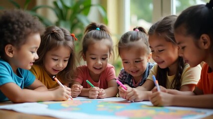 A diverse group of children exploring various cultures through engaging activities, emphasizing global perspectives and community, with sufficient space for text overlay. - Powered by Adobe