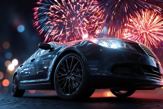 Celebrating the New Year with fireworks and a car