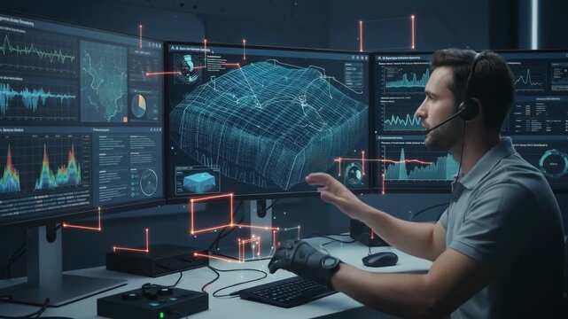 Medium shot showing a technician monitoring geophysical data processed by AI algorithms to improve accuracy in underground resource detection.