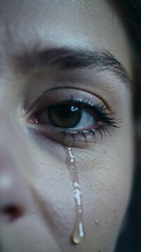 An emotional female with a tear dripping from her eye.