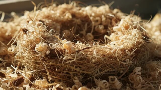 Natural light illuminates a medium shot of mixed organic bedding blending straw wood shavings and coconut coir for enhanced softness and insulation in nests.