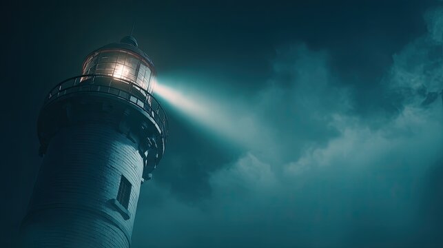 Lighthouse Beam Shining Through Dark Stormy Clouds At Night