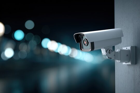 Modern Security Camera at Night in City - Powered by Adobe
