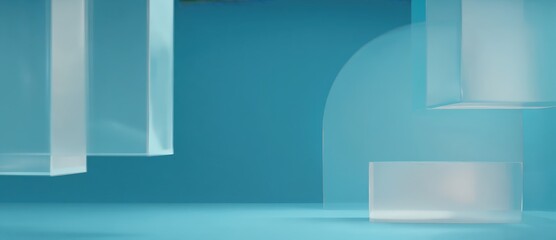 Abstract composition featuring translucent geometric shapes on a vibrant blue background.