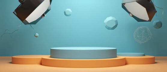 Modern studio setup with geometric shapes and lighting.