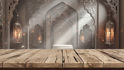 Warm-toned wooden table in a rustic, softly lit dining space.