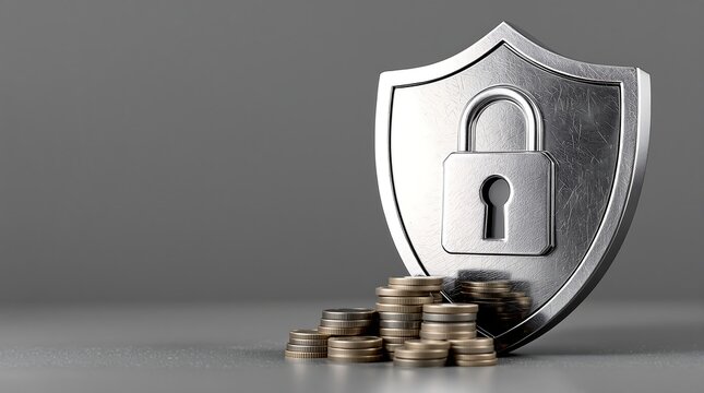 Financial Security Shield with Padlock and Stacked Coins