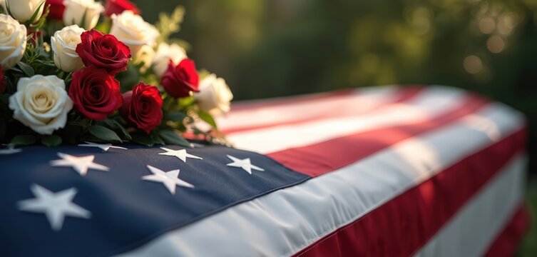 American flag drapes coffin, adorned with fresh red, white roses. National honor, respect for veteran fallen hero. Solemn outdoor funeral memorial service takes place for military personnel. Grief,