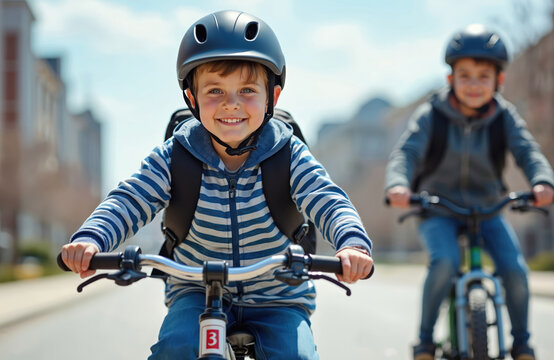 Two happy young boys wear helmets and backpacks riding bicycles on a sunny city street. Children cycle on bikes, enjoying their commute to school. Safe outdoor active transport for youth.