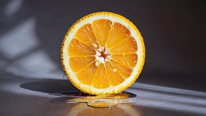 Fresh orange half with water droplets, vibrant color.