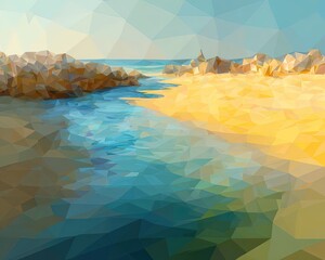 Abstract Polygonal Beach Landscape With Rocks And Water