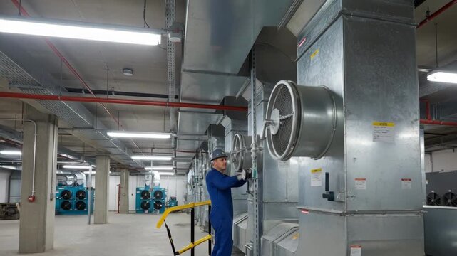 Worker manually adjusting duct dampers in a commercial building to enhance ventilation system performance and air quality.