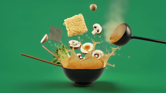 Dynamic ramen ingredients levitate artfully over a steaming bowl, creating a vibrant culinary visual experience.
