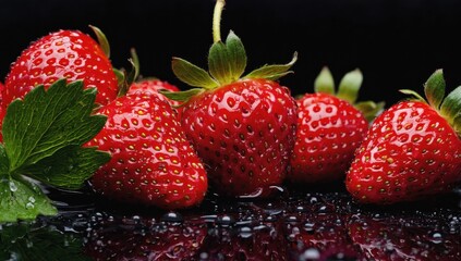 Fresh red strawberries with green leaves on a dark background.