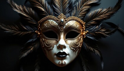 Ornate Venetian mask with gold filigree and dark feathers. Used for masquerade balls and themed events. An accessory for celebrations and parties.