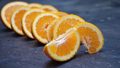 Sliced fresh oranges arranged neatly with droplets of juice on a dark background.