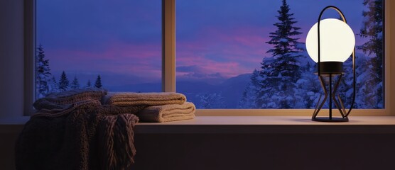 Cozy interior with soft blanket and lamp by window at twilight.