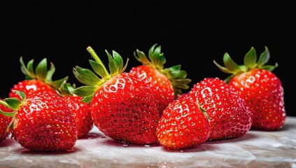 Fresh red strawberries with vibrant green leaves on dark background.