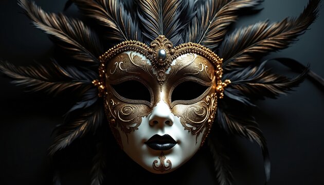 Ornate Venetian mask with gold filigree and dark feathers. Used for masquerade balls and themed events. An accessory for celebrations and parties.