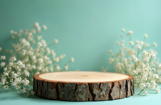 Natural wood round podium stands on soft mint green background. Delicate white flowers frame empty display stage. Platform perfect for organic eco cosmetic product presentation natural item showcase.
