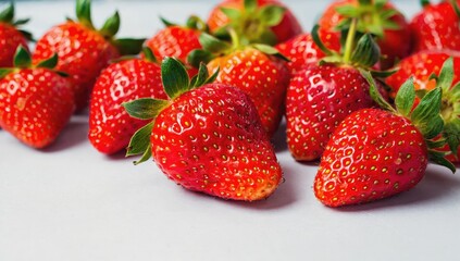 Fresh red strawberries arranged on a light surface.