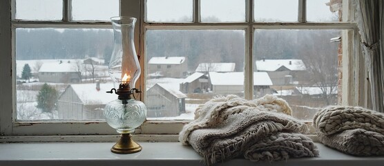 Cozy winter scene with a lit lantern and warm blankets by the window.