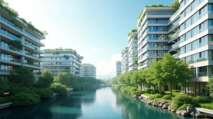 A modern cityscape emphasizing zero carbon digital transformation, showcasing sleek buildings with greenery integrated, allowing for ample copy space centered for future text. - Powered by Adobe