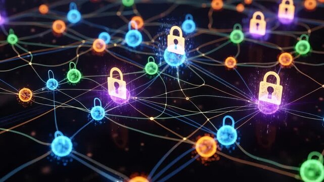 Digital network connection with glowing padlock symbols and interconnected nodes representing data security and blockchain technology