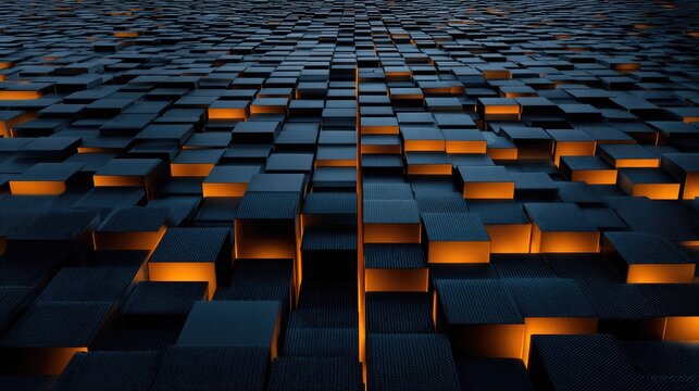 Abstract 3 d render of a cuboid surface with orange and blue illumination