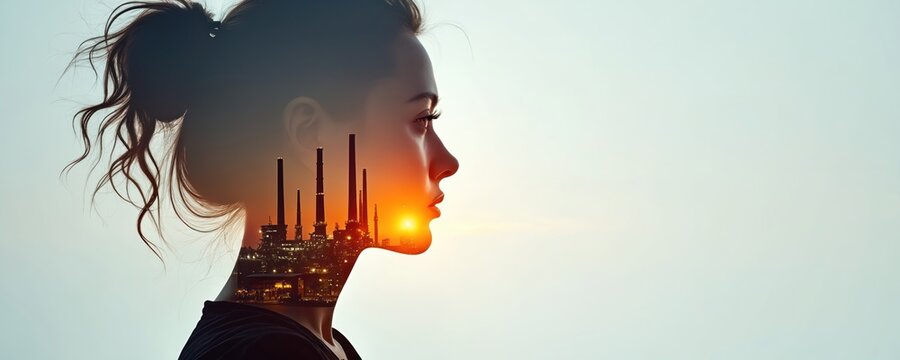 Double exposure image merges female profile with industrial factory at sunset. Reflects thought about industry pollution and human mind. Represents inner world connection.