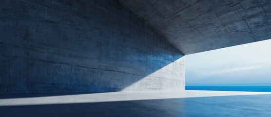 A minimalist architectural space with a sleek, concrete interior and a bright window view.