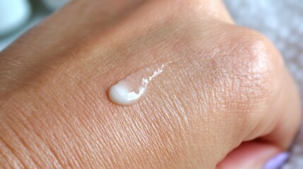 Fototapeta premium Close-Up of Creamy Skincare Product Droplet on Hand with Natural Skin Tone Showcasing Hydration and Moisture in Beauty Routine