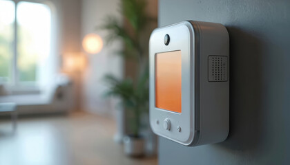 Smart home security device is mounted on grey wall inside modern apartment. It features orange screen, camera, and control buttons. This tech gadget provides advanced home automation and protection.